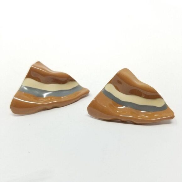 Vintage Neutral Tone Abstract Striped Stud Earrings, Brown Cream Gray, Estate - Picture 5 of 5